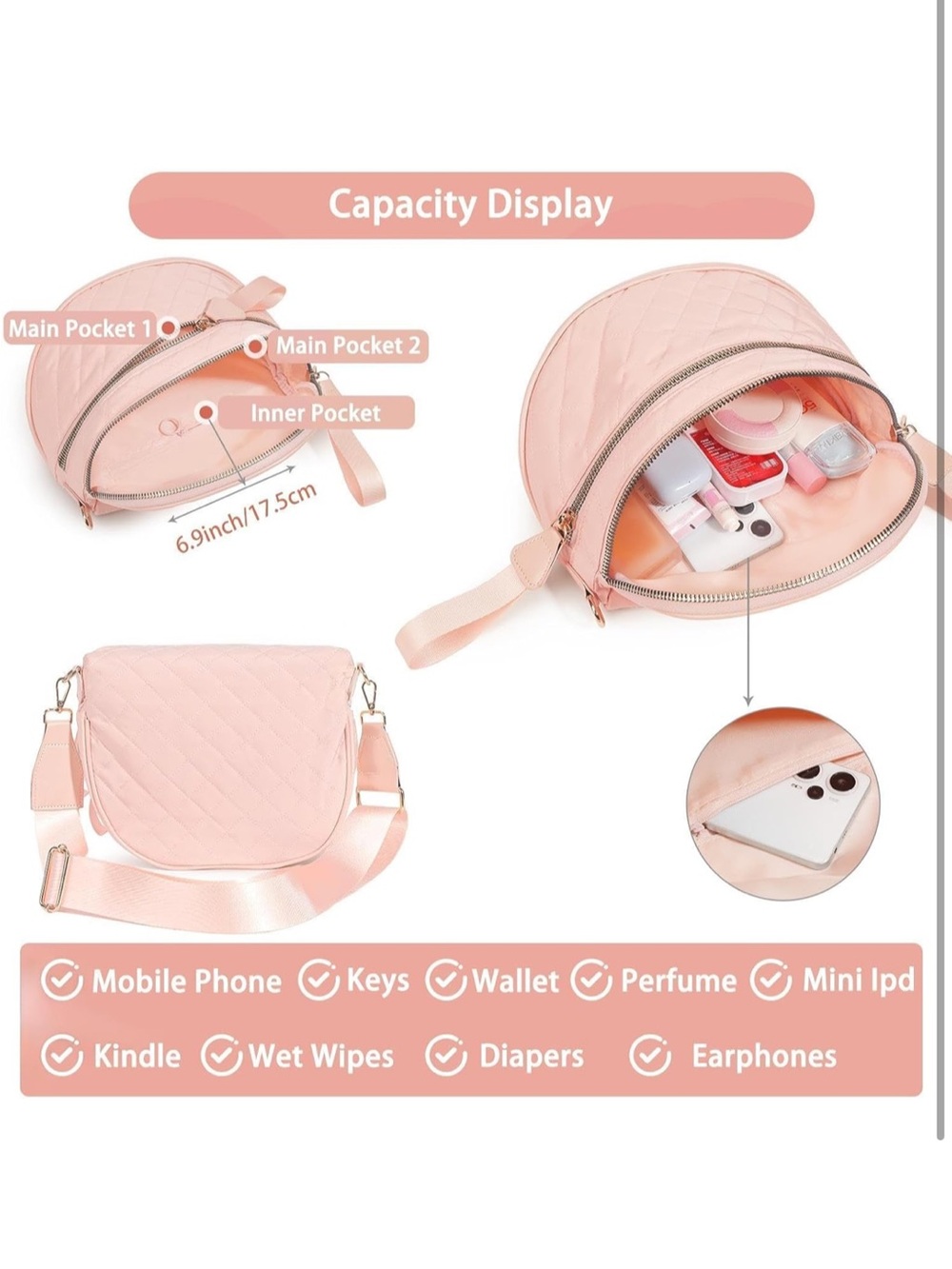 Quilted Blush Pink Crossbody Bum Bag - Picture 5 of 7